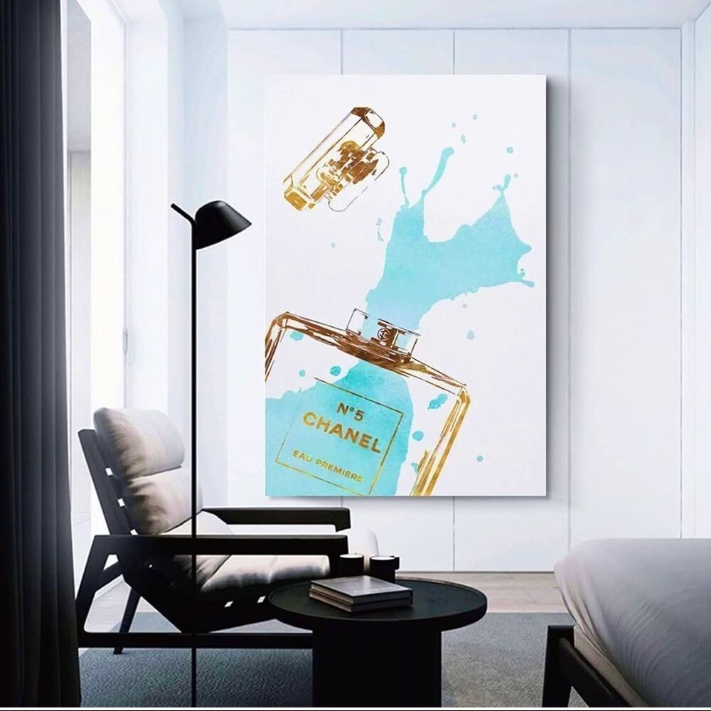 Vtg Coco Chanel perfume bottle wall art Picture print Tiffany’s blue baby pink